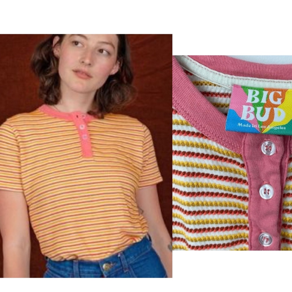 Big Bud Press Honeycomb Henley Textured Retro Tee Trendy Oversized